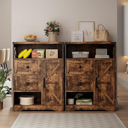 Fameill Farmhouse Storage Cabinet with 2 Drawers & Shelves,Freestanding Kitchen Cabinet with Doors,Floor Storage Organization for Living Room,Bathroom,Laundry,Brown