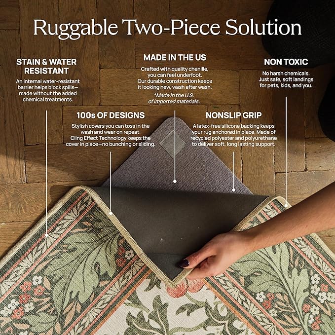 RUGGABLE x Morris & Co Washable Area Rug – Montreal Natural Stone 9x12, Stain-Resistant, Non-Slip – Large Machine Washable Rugs for Living Room, Bedroom, Hallway, Entryway & Office–with Standard Pad