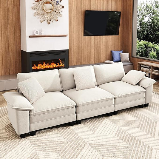 123" Cloud Modular Sectional Sofa, 3-Seater w/Deep Seat & Removable Arms, Plush Chenille for Living Room - Beige