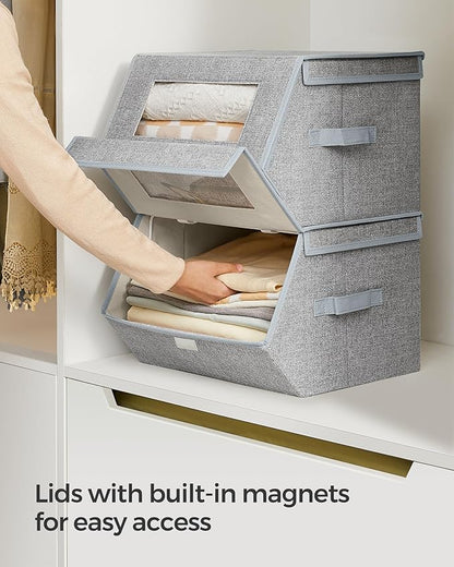 SONGMICS Stackable Storage Bins Set of 2, Storage Boxes with Lids and Front Windows, Non-Woven Fabric Closet Organizers with Magnetic Closures, Side Handles, Dove Gray URLB002W01