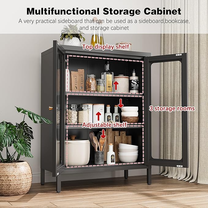 Small Display Cabinet with Glass Doors, 12" Shallow Metal Storage Cabinets Short Bookcase Cabinet with Two Door Two Shelves Metal Glass cabinets for Home Office Living Room