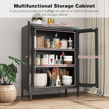 Small Display Cabinet with Glass Doors, 12" Shallow Metal Storage Cabinets Short Bookcase Cabinet with Two Door Two Shelves Metal Glass cabinets for Home Office Living Room