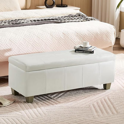 41" Faux Leather Storage Ottoman, Stitch Tufted Rectangle Upholstered End of Bed Storage Bench, Entryway Large Couch Ottoman with Wooden Legs,White