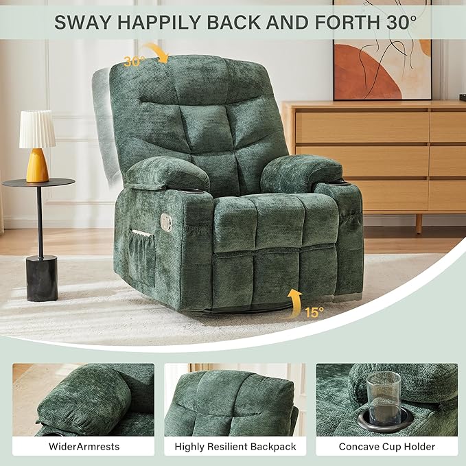 Manual Rocker Recliner Chair, 360°Swivel Recliner Chairs for Adults, Single Recliner Seat with Cup Holders,Upholstered Fabric Lazy Boy Recliner,Green