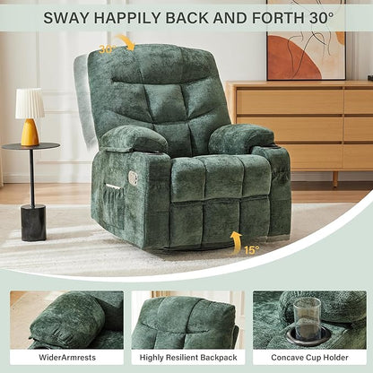 Manual Rocker Recliner Chair, 360°Swivel Recliner Chairs for Adults, Single Recliner Seat with Cup Holders,Upholstered Fabric Lazy Boy Recliner,Green