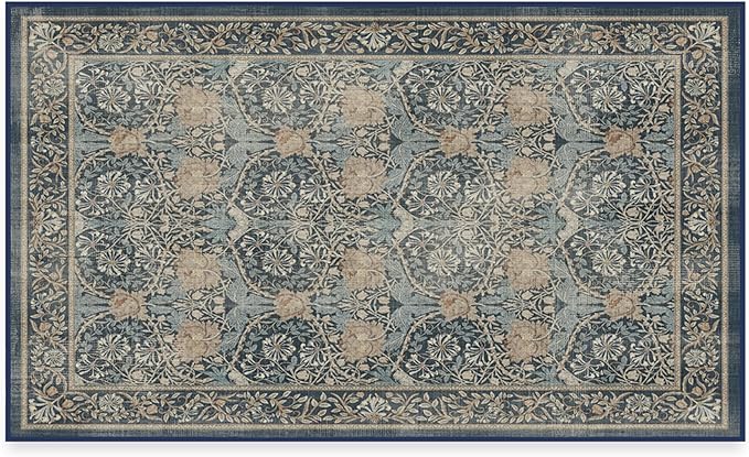 RUGGABLE x Morris & Co Washable Area Rug – Honeysuckle & Tulip Blue 3x5, Stain-Resistant, Non-Slip – Small Machine Washable Rugs for Living Room, Bedroom, Hallway, Entryway & Office–with Standard Pad