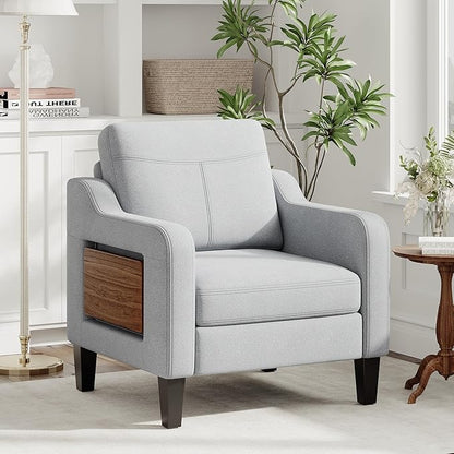 Accent Chair for Living Room Modern Linen Upholstered Armchair Side Wooden Fabric Sofa Chair with Foldable Table 2 Side Pockets Comfy Reading Chair for Bedroom