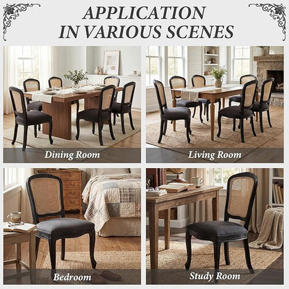 Wicker Dining Chairs Set of 6, Upholstered Linen Fabric Dining Room Chairs with Square High Rattan Back Farmhouse French Kitchen Chairs for Dining Table/Living Room/Restaurant, Black