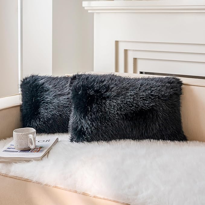 Neelvin Black Faux Fur Cozy Fluffy Double-Sided Decorative Throw Pillow Covers 12x20 inch Set of 2,Velvet Pillowcase Cushion Case for Sofa Couch