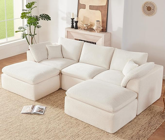 112" Cloud Sectional Couch, BonelessCouches for Living Room, U Shaped Couch with Convertible Ottoman, Modular Sectional Sofa with Deep Seat, Comfy Soft Cushions, No Assembly, Beige