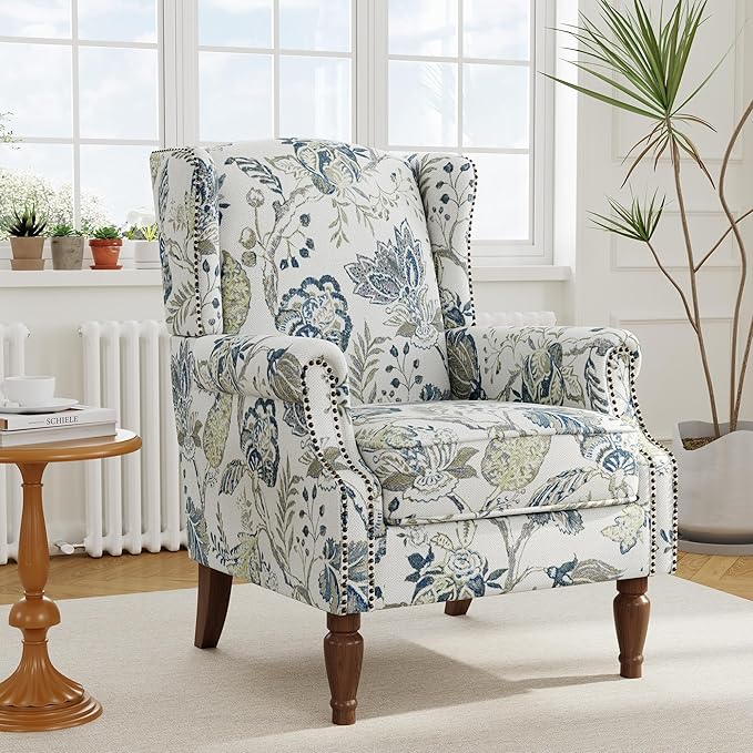 Accent Chair, Upholstered High Back Floral Armchair with Nailhead Trim & Wood Legs, Comfy Wingback Reading Single Sofa Chair for Small Spaces, Living Room, Bedroom ( Plants Blue Floral, Set of 2)
