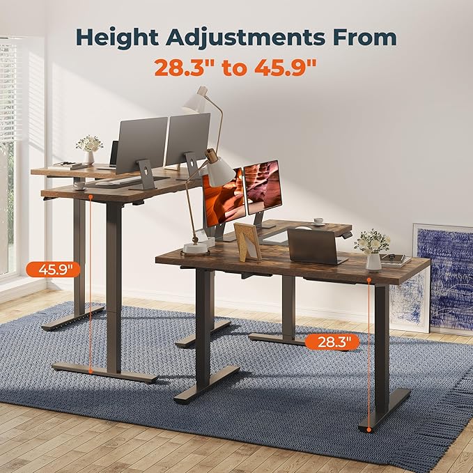 L-Shaped Standing Desk, 63 x 55 Inches Height Adjustable Desk with Storage, Sit and Stand up Desks, Ergonomic Rising Computer Table for Home Office with Splice Board, Rustic Brown