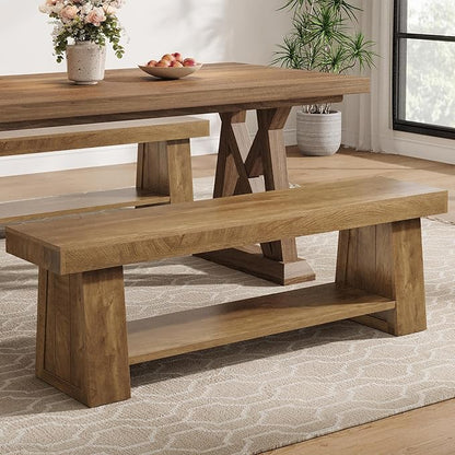 Tribesigns 63" Wooden Entryway Bench with Storage Shelf, Rustic Extra Long Bench, 2-Tier Hallway Bench for Living Room, Bedroom, Kitchen (Rustic Brown)