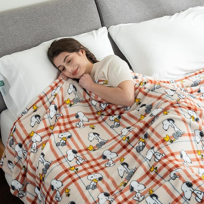 Berkshire Blanket Peanuts® VelvetLoft® Cute Character Snoopy Plush Blanket,Snoopy and Woodstock Wood Holiday Plaid Medium Tan,Twin 60 in x 90 in (Official Peanuts® Product)