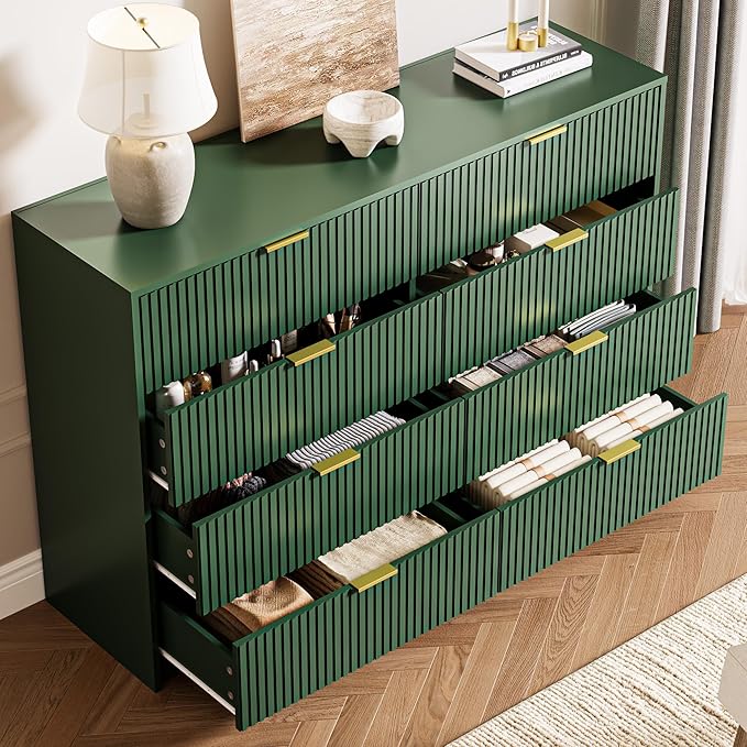 3-Piece Dresser Bedroom Set, 8 Drawer Dresser & 3 Drawer Nightstands with Gold Handles, Fluted Wood Chest of Drawers for Bedroom, Living Room, Entryway, Green