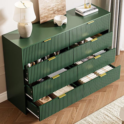 3-Piece Dresser Bedroom Set, 8 Drawer Dresser & 3 Drawer Nightstands with Gold Handles, Fluted Wood Chest of Drawers for Bedroom, Living Room, Entryway, Green