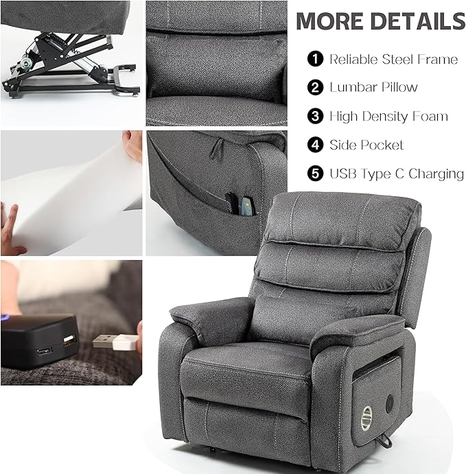 Power Lift Recliners Chairs for Elderly Adults Lay Flat Recliner with Heat & Massage, Wireless Charging Device, USB Ports, Cup Holder, Lumbar Pillow, 400Lbs（Grainy Fibric,Grey）
