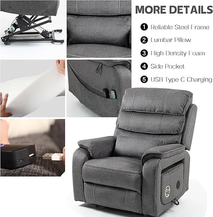 Power Lift Recliners Chairs for Elderly Adults Lay Flat Recliner with Heat & Massage, Wireless Charging Device, USB Ports, Cup Holder, Lumbar Pillow, 400Lbs（Grainy Fibric,Grey）