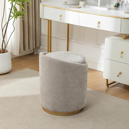 Swivel Vanity Stool with Gold Base Comfy Vanity Chair Modern Round Stool for Makeup Vanity Ottoman Foot Rest for Bedroom livingroom (Light Gray)