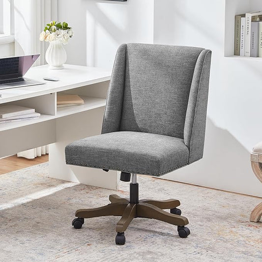 Upholstered Armless Home Office Chair with Wooden Legs, Modern Office Desk Chair No Arms Sewing Chair Adjustable Swivel Desk Chair for Farmhouse Office Study Studio (Dark Gray)