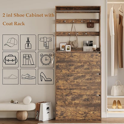Tall Shoe Cabinet with Coat Rack, Hidden Shoe Storage Cabinet with Doors & Drawer, Hanging Bar & Hooks, Slim Narrow Freestanding Shoe Rack Organizer for Entryway, Hallway & Living Room, Brown