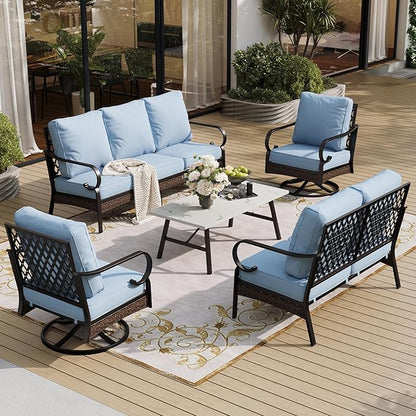 5 Piece Metal Outdoor Patio Furniture Set, Patio Conversation Sets 1 3-Seater Sofa, 2-Seater Sofa, 2 Swivel Sofa with 5.75" Thick Cushion & Coffee Table Black Backyard Furniture, Blue