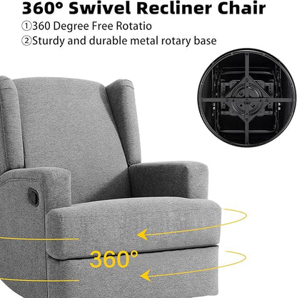 Swivel Glider Recliner Chair for Adults with Deep Seat - High Back Rocker Reclining Accent Chair, Manual Recliner for Living Room & Nursery, Comfortable Upholstered Fabric Armchair-Light Gray