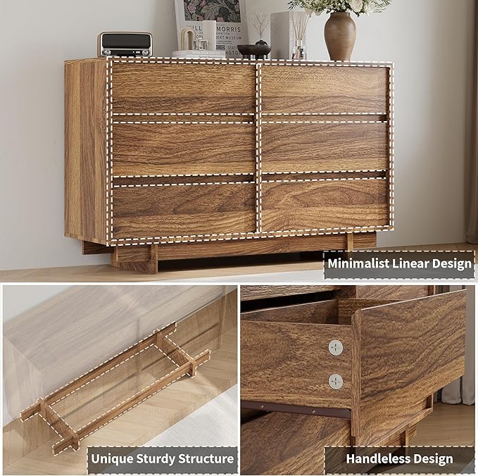 Walnut Dresser for Bedroom, 47" Wide 6 Drawer Dresser, Mid Century Modern Dressers Chest of Drawers, Wooden Large Dressers for Bedroom, Closet