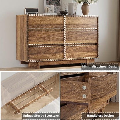 Walnut Dresser for Bedroom, 47" Wide 6 Drawer Dresser, Mid Century Modern Dressers Chest of Drawers, Wooden Large Dressers for Bedroom, Closet