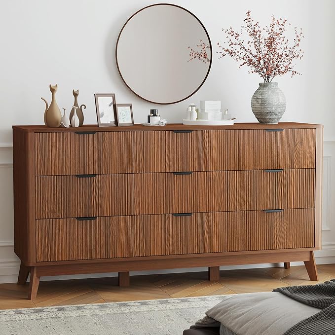 Fluted Dresser for Bedroom,59'' Modern Wooden Walnut Dresser with 9 Drawers, Bedroom Dressers, Natural Wood Chest of Drawers for Living Room, Hallway (Walnut)