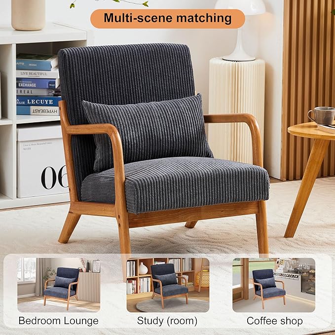 Accent Chairs, Mid-Century Modern Chair with Pillow, Armchair with Solid Wood, Reading Relaxing Leisure Chair for Living Room（Dark Grey）