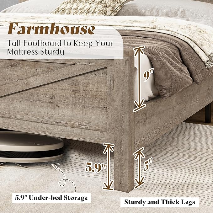 AMERLIFE Farmhouse King Bed Frame, Rustic Wood Platform Bed w/Barn Door Storage Bookcase Headboard & Charging Station, Bedroom Furniture, No Box Spring Needed, Light Grey
