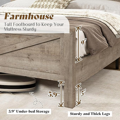 AMERLIFE Farmhouse King Bed Frame, Rustic Wood Platform Bed w/Barn Door Storage Bookcase Headboard & Charging Station, Bedroom Furniture, No Box Spring Needed, Light Grey