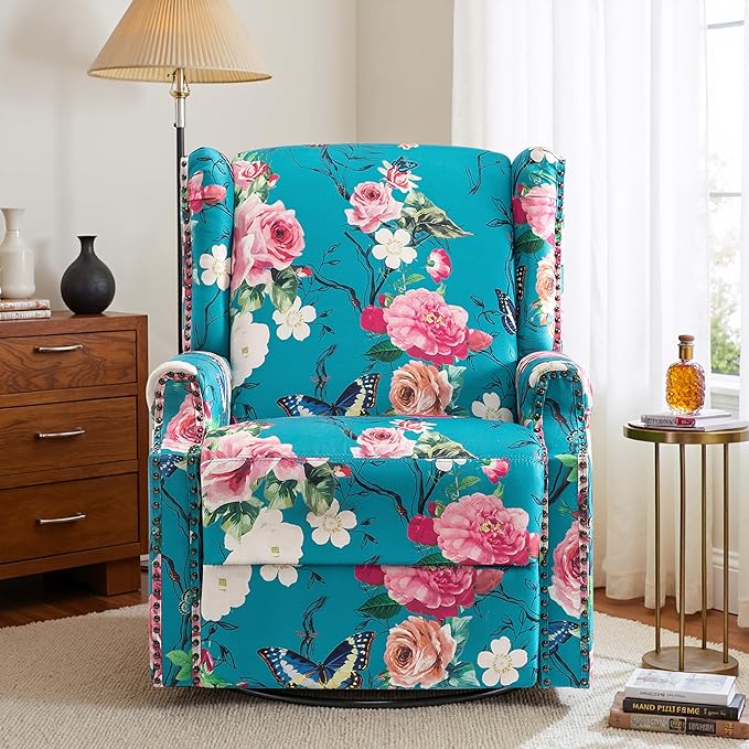Premium 360° Swivel Recliner Chair with Footrest - Luxurious Cotton Linen & Botanical Design-Peacock Blue Rose
