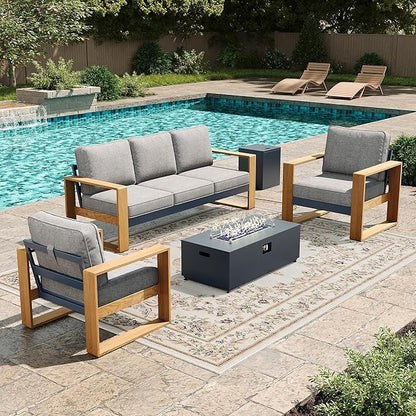 LayinSun 4 Pieces Aluminum Patio Furniture Set with Fire Pit Table, Oversized Seat with Hight Back, Outdoor Conversation Sets for Porch, Balcony, Deck