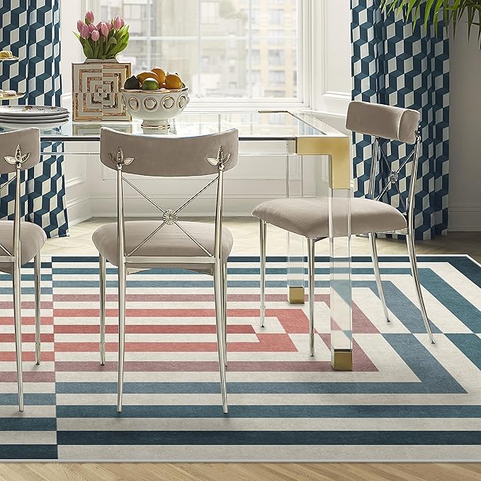 RUGGABLE x Jonathan Adler Washable Modern Area Rug – Op Art Teal 8x10, Stain-Resistant, Non-Slip – Large Machine Washable Rugs for Living Room, Bedroom, Hallway, Entryway & Office–with Cushioned Pad