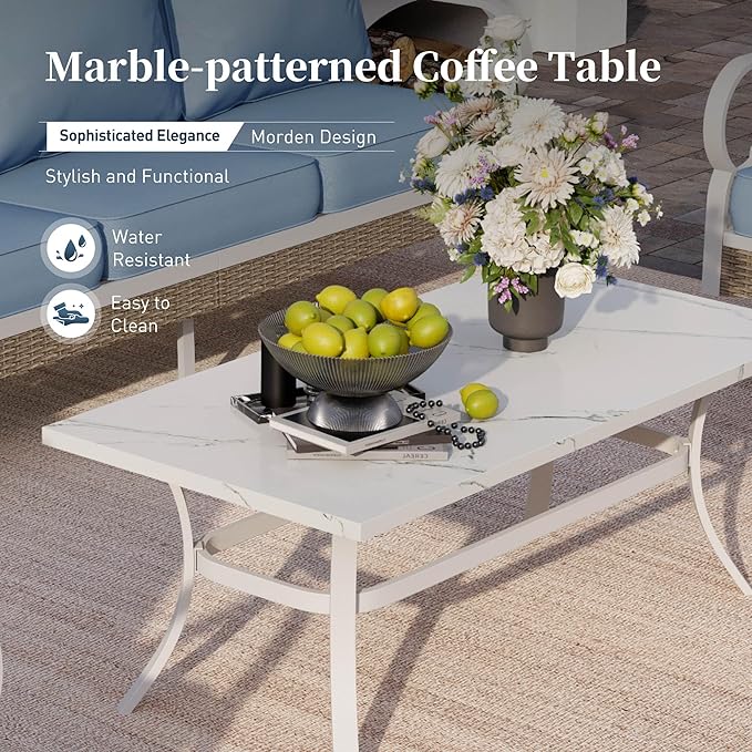 6 Piece Metal Outdoor Patio Furniture Set, Patio Conversation Set 3-Seater Sofa, 2 Fixed Sofa, 2 Rocking Chair with 5.75" Thick Cushion and Coffee Table White Backyard Furniture, Blue