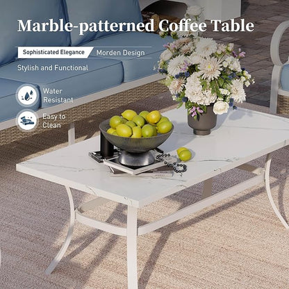 6 Piece Metal Outdoor Patio Furniture Set, Patio Conversation Set 3-Seater Sofa, 2 Fixed Sofa, 2 Rocking Chair with 5.75" Thick Cushion and Coffee Table White Backyard Furniture, Blue