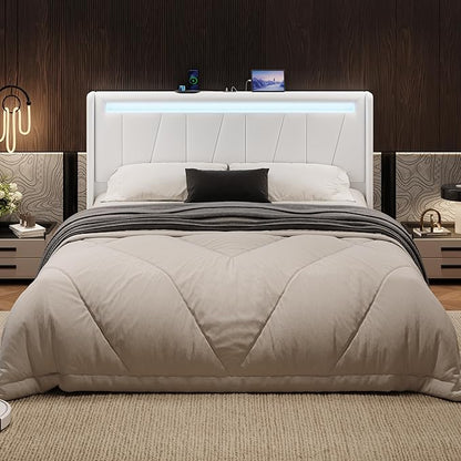 SHA CERLIN Queen Bed Frame with Charging Station and LED Lights, Modern Velvet Platform Bed with Upholstered Geometric Wingback Headboard, No Box Spring Needed, Easy Assembly, White