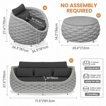 Woven Rope Patio Furniture Set: 4 Pieces Aluminum Outdoor Conversation Sofa Set Assembled - Modern Couch Set Cushioned - All Weather Metal Porch Seating for 5 Person Deck Garden Hotel Resort