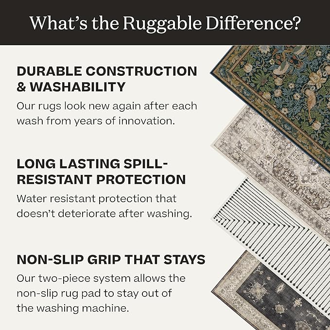 RUGGABLE Washable Vintage Area Rug – Verena Soft Blue 6x9, Stain-Resistant, Non-Slip – Medium Machine Washable Rugs for Living Room, Bedroom, Hallway, Entryway & Office–with Standard Pad