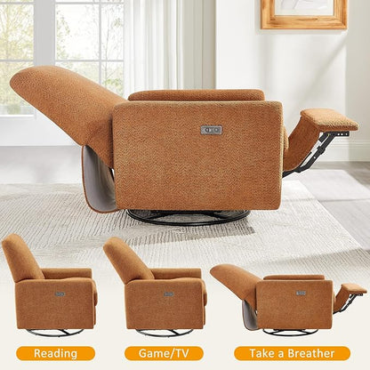 VANOMi Power Swivel Glider Recliner Chair, Electric Nursery Rocker Recliner Chair, USB & Type-C Charger, Boucle Curry