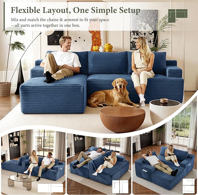 96''Sectional Couches for Living Room,Modern Modular Sectional Sofa,Upholstered Boneless Couch with Pockets,Comfy Cloud Couch with L Shaped Chaise (Blue, 96''W Left Facing Chaise)