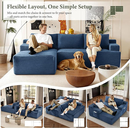 96''Sectional Couches for Living Room,Modern Modular Sectional Sofa,Upholstered Boneless Couch with Pockets,Comfy Cloud Couch with L Shaped Chaise (Blue, 96''W Left Facing Chaise)