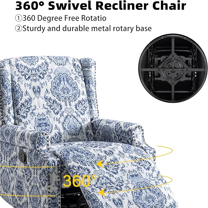 Pia Ricco Swivel Glider Recliner Chairs Set of 2, High Back Rocker Reclining Accent Chair with Smooth Manual Mechanism for Nursery, Comfortable & Quiet Upholstered Armchair Seating-Bule Pattern