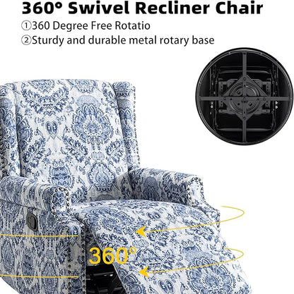 Pia Ricco Swivel Glider Recliner Chairs Set of 2, High Back Rocker Reclining Accent Chair with Smooth Manual Mechanism for Nursery, Comfortable & Quiet Upholstered Armchair Seating-Bule Pattern