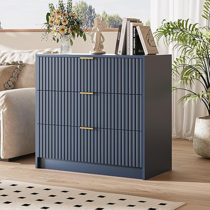 3-Piece Dresser Bedroom Set, 9 Drawer Dresser & 3 Drawer Nightstands with Gold Handles, Fluted Wood Chest of Drawers for Bedroom, Living Room, Entryway, Navy Blue