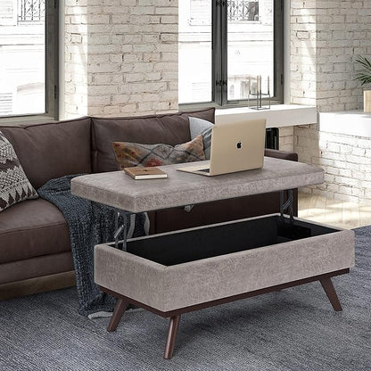 SIMPLIHOME Owen 42 inch Wide Mid Century Modern Rectangle Lift Top Large Coffee Table Storage Ottoman in Distressed Grey Vegan Faux Leather, Assembled, for the Living Room, Entryway and Family Room