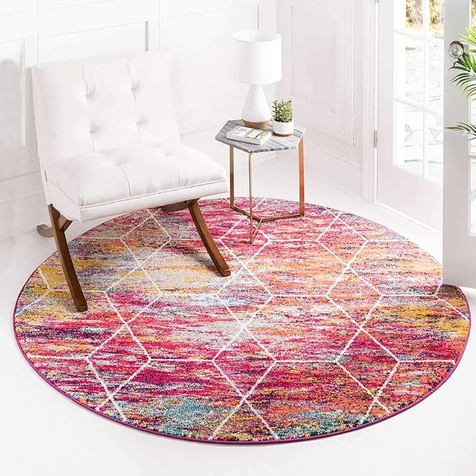 Unique Loom Trellis Frieze Collection Area Rug - Geometric (7' Round, Multi/ Ivory)
