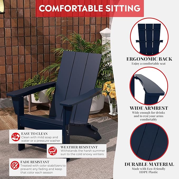 Costaelm Folding Adirondack Chairs, Outdoor Patio Adjustable Lawn Chairs, Weather Resistant Outside Firepit Chairs for Porch, Poolside, Garden, Backyard Deck, Navy Blue